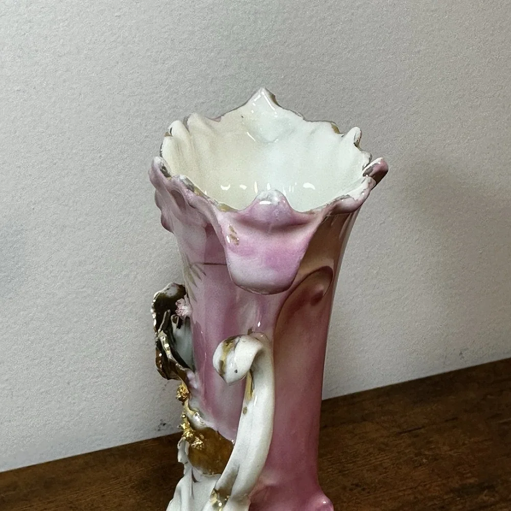 Victorian Porcelain Vase Pink & Gold Rococo Applied flower Cottagecore